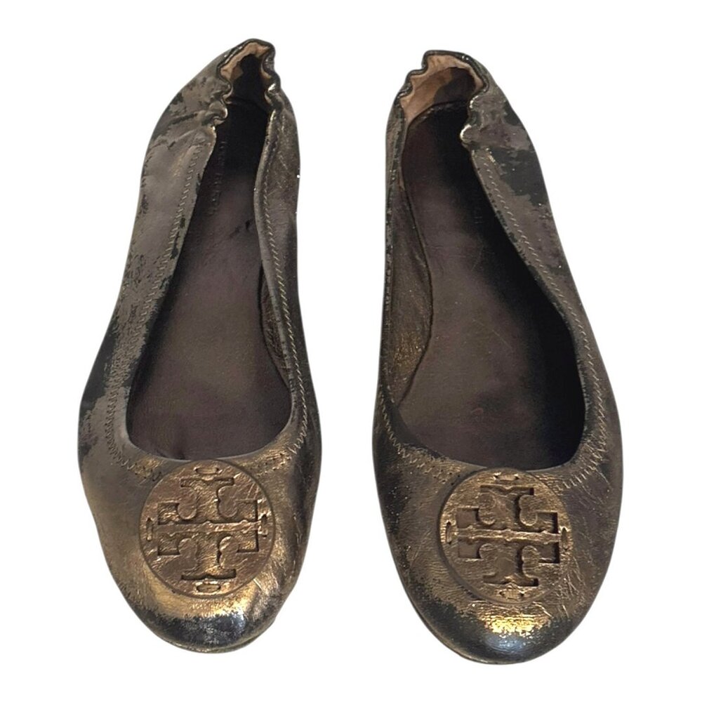 Tory Burch Minnie Leather Ballet Flats 8 Pewter Grey Metallic Logo Luxury - Picture 5 of 10